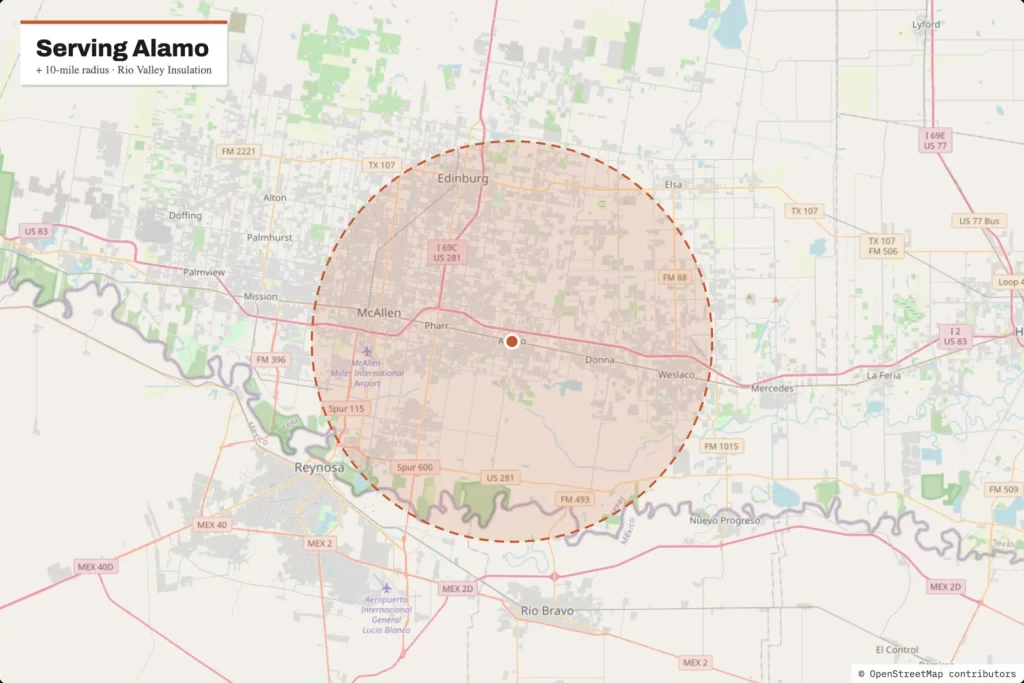 Mapa del área de servicio alrededor de Alamo, TX