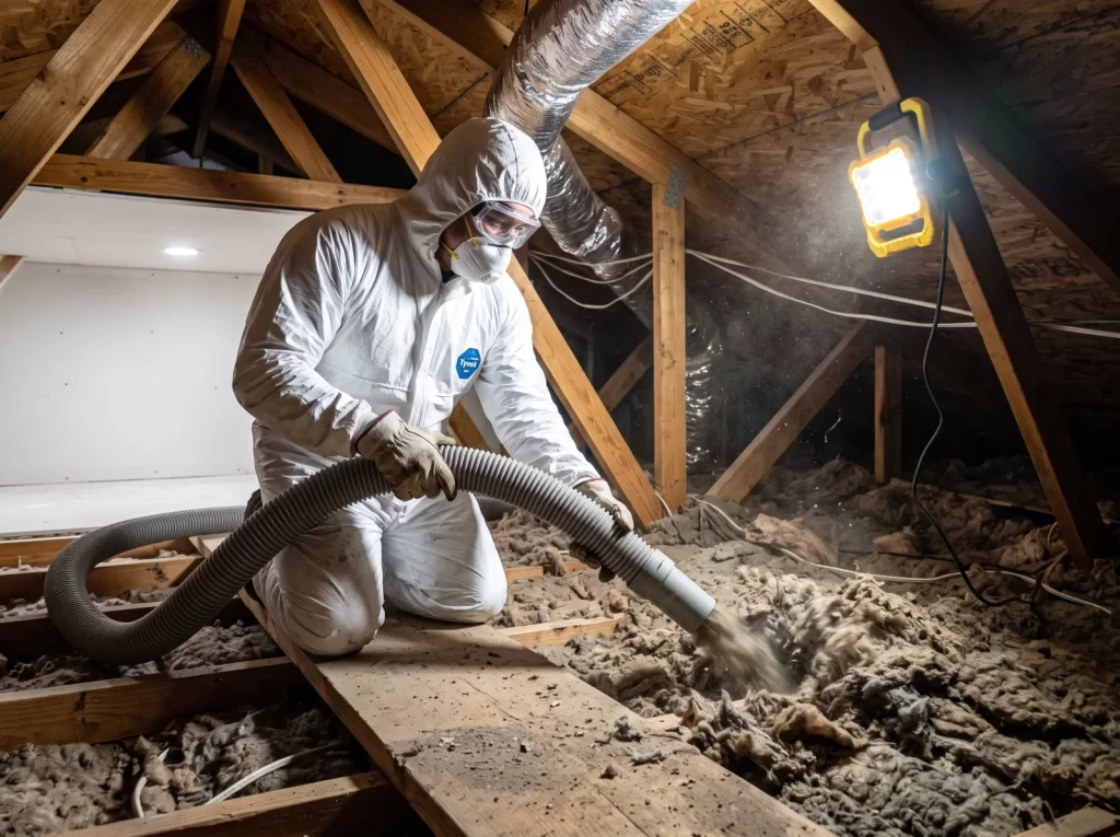 Old attic insulation being vacuumed out of a Harlingen home