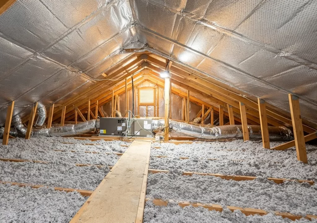 Blown in attic insulation under a radiant barrier in a McAllen home