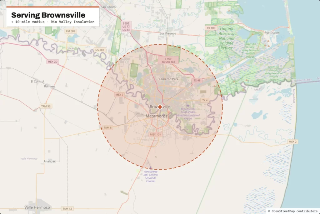 Mapa del área de servicio alrededor de Brownsville, TX