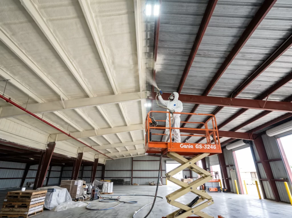 Spray foam insulation applied to the underside of a warehouse roof