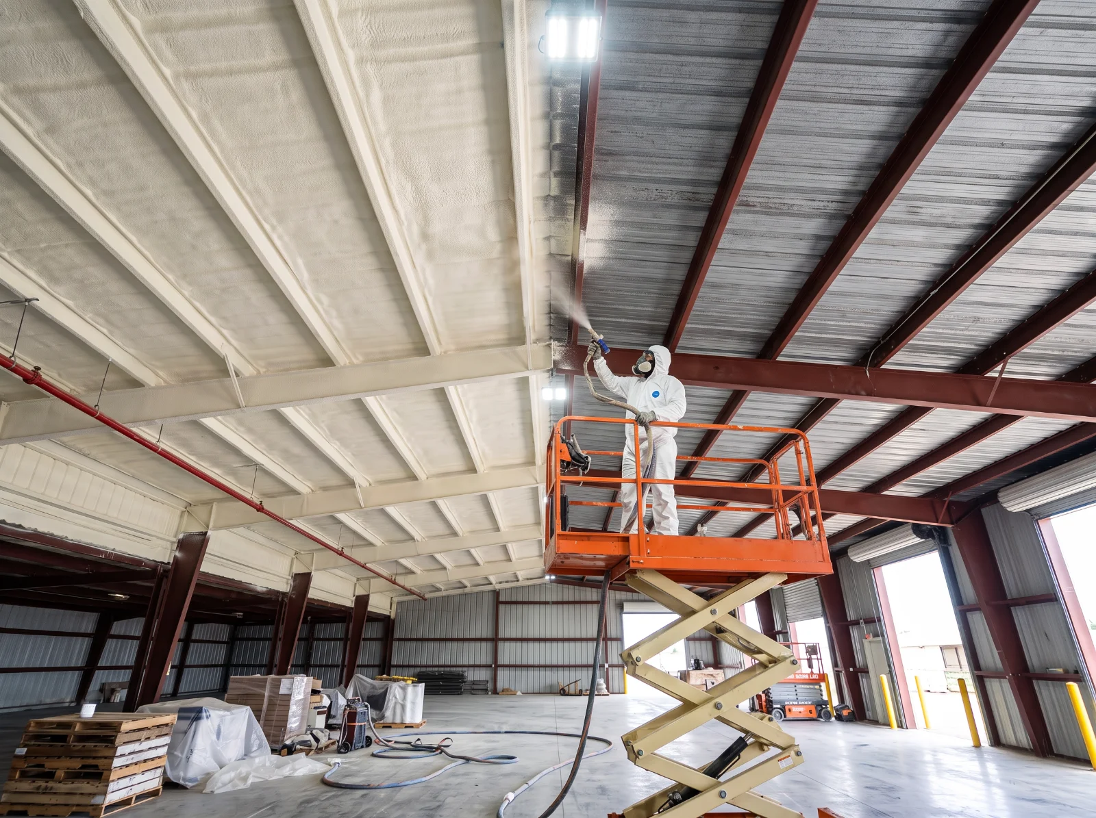 Installer on a scissor lift spraying closed cell foam insulation on a warehouse metal roof in the Rio Grande Valley
