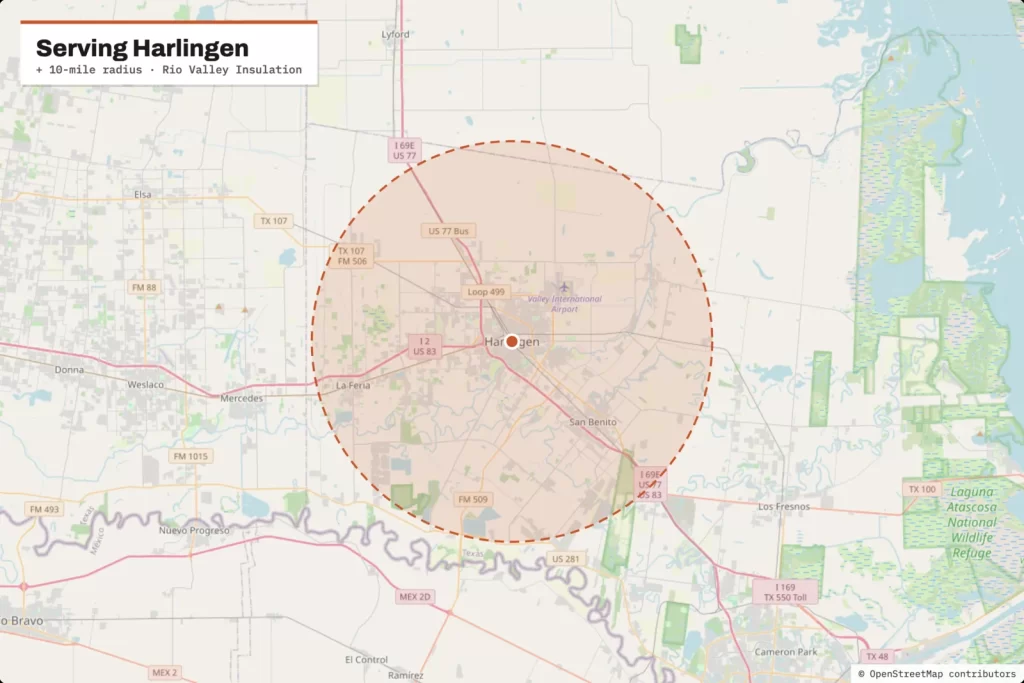 Service area map around Harlingen, TX