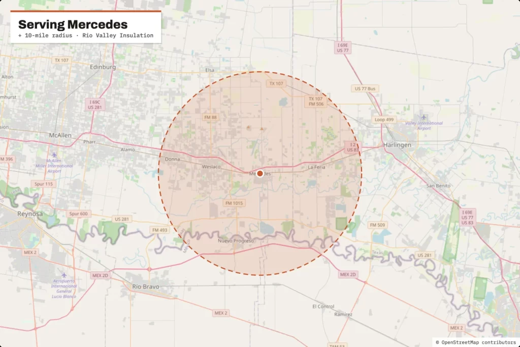Mapa del área de servicio alrededor de Mercedes, TX