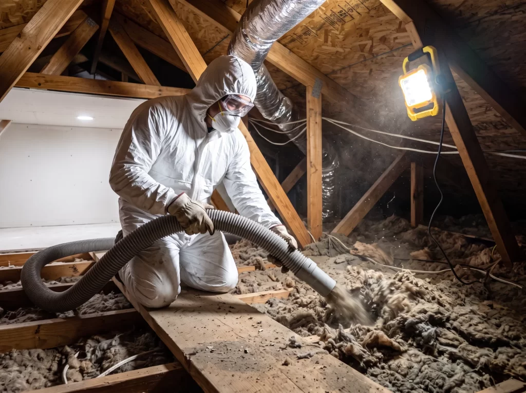 Technician vacuuming out old blown in attic insulation in a Rio Grande Valley home