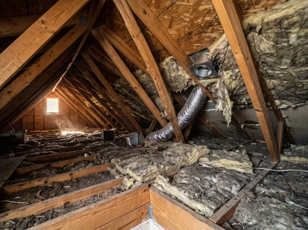 Old, matted insulation in a Valley attic before an estimate