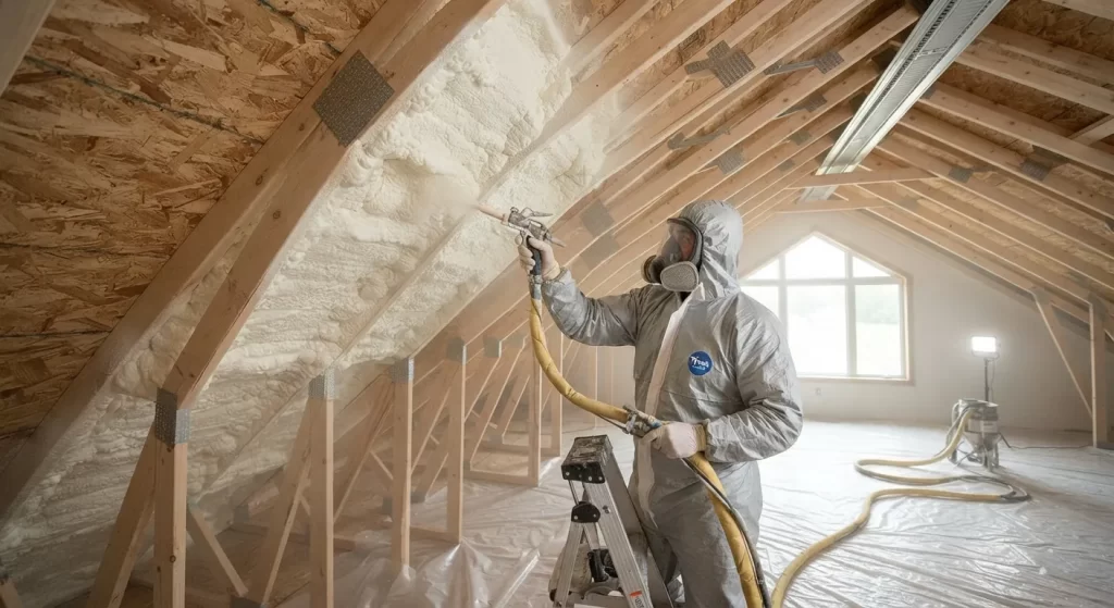 Installer applying open-cell spray foam insulation to the underside of an attic roof deck