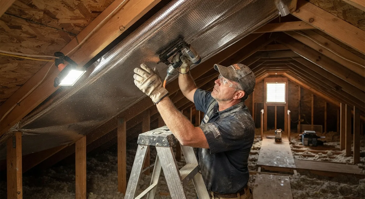 Technician stapling radiant barrier foil to attic rafters above blown-in insulation