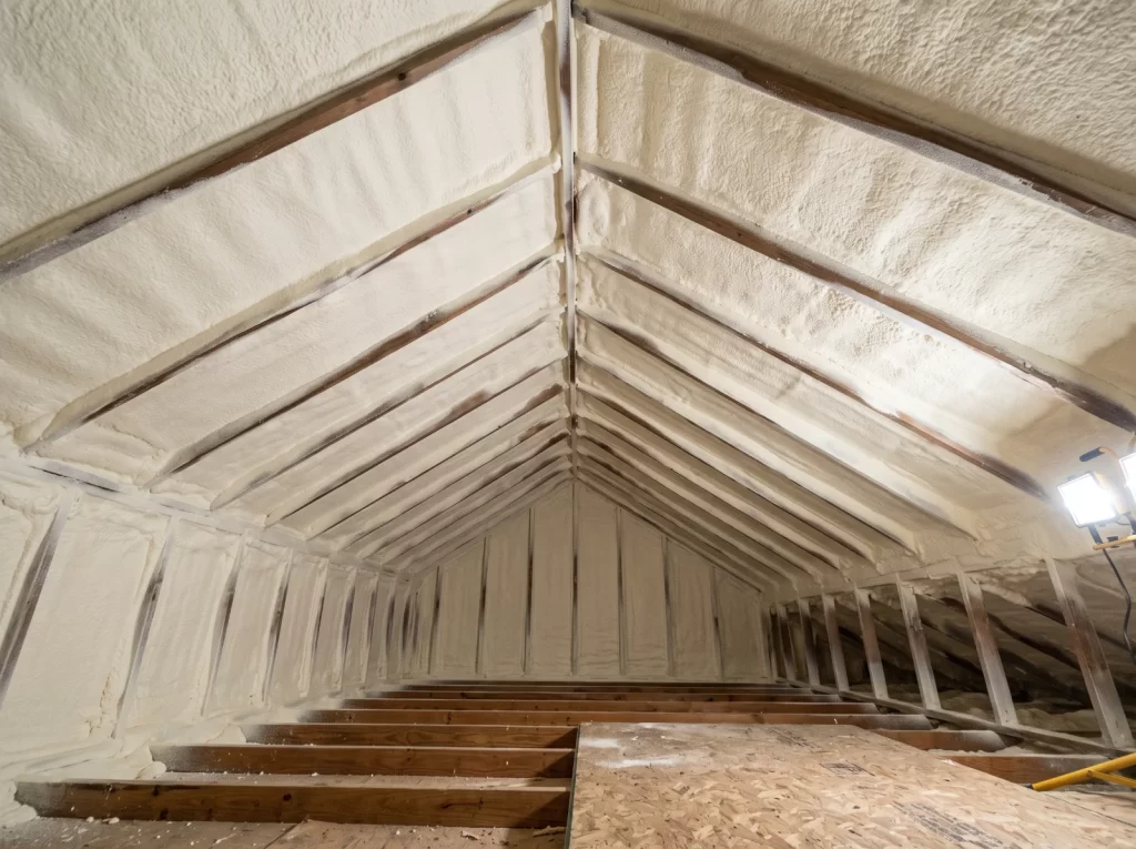 After spray foam insulation: open cell foam sealing the attic roof deck of a Rio Grande Valley home
