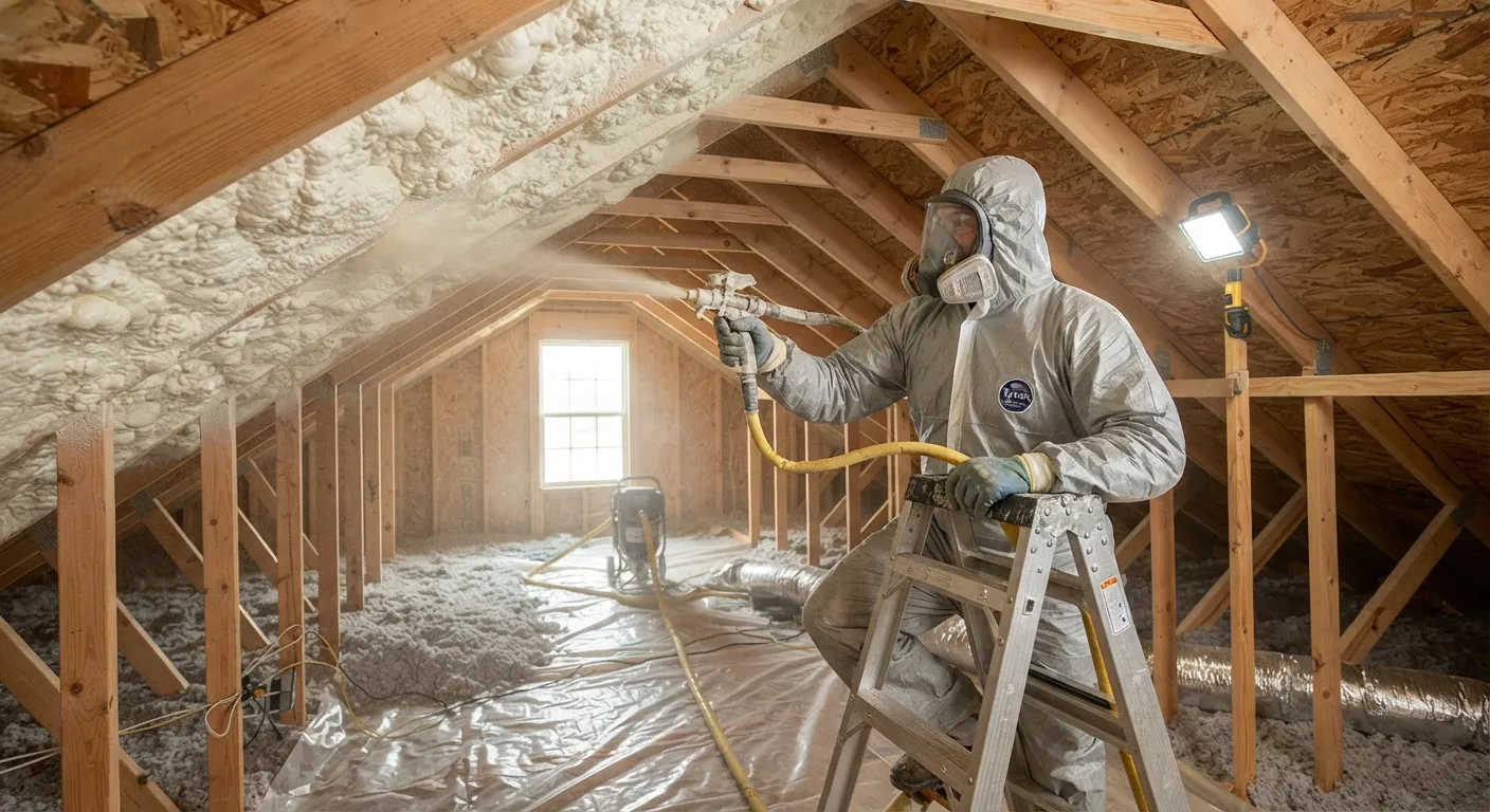 Installer on a ladder spraying foam insulation between attic rafters in the Rio Grande Valley