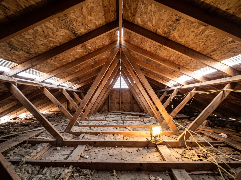 Bare attic roof deck in a Rio Grande Valley home before spray foam