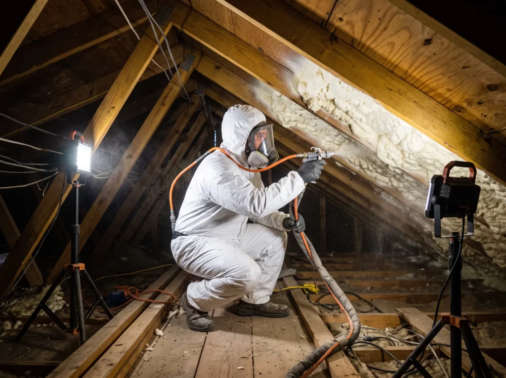 Insulation crew spraying foam in the attic of a Los Fresnos home