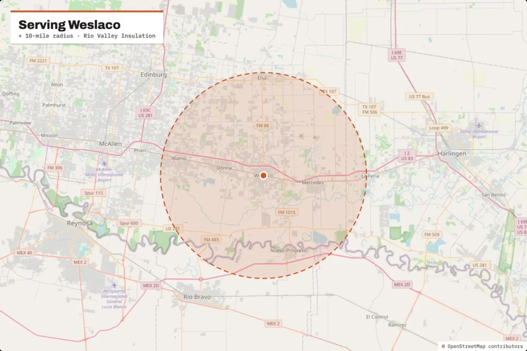 Mapa del área de servicio alrededor de Weslaco, TX